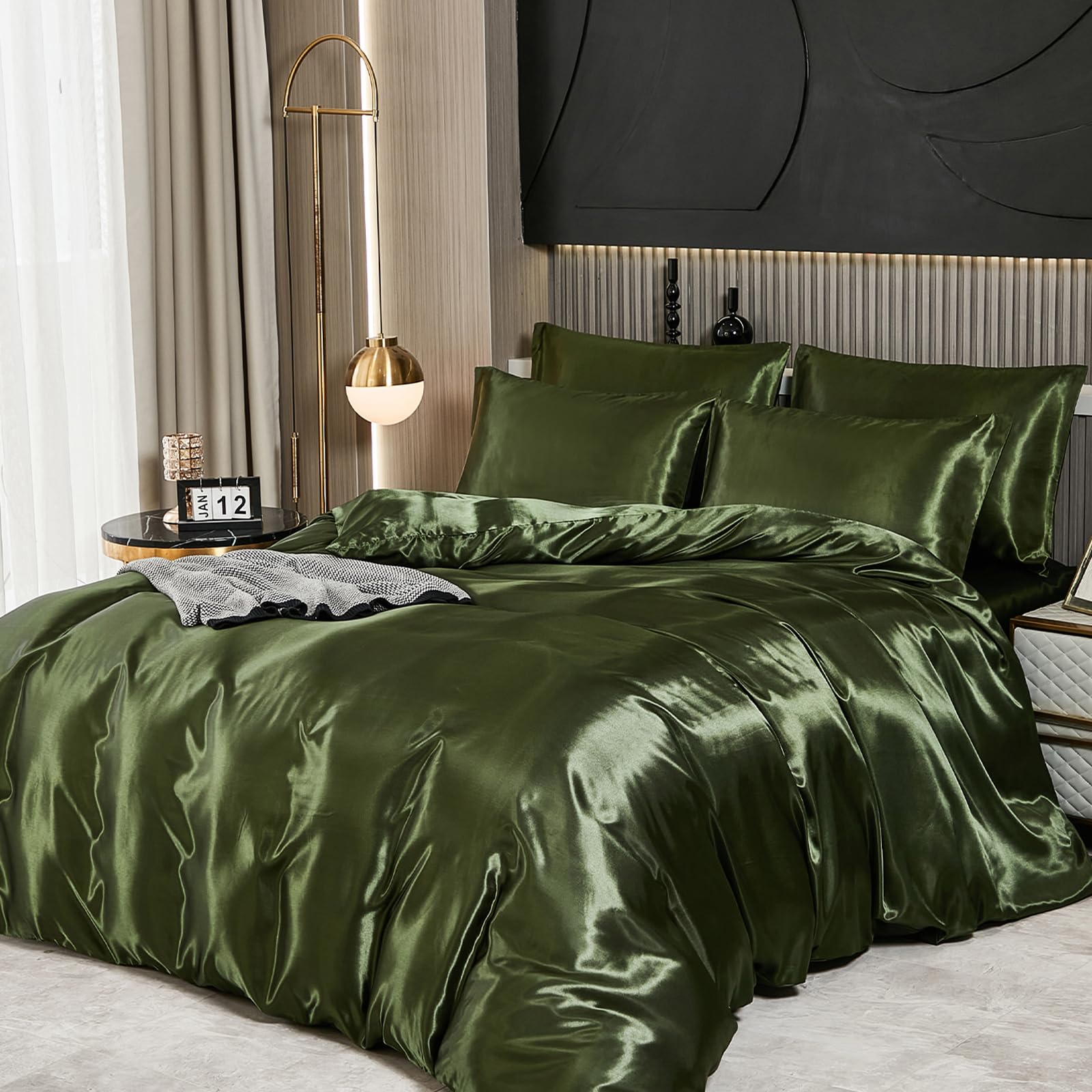 Guchuang Bedding Silk Satin Complete Bedding Set 6 Pieces Olive Green Double Size Duvet Cover Luxury Shiny Ultra Soft Microfiber Quilt Cover 200x200cm with 1 Fitted Sheet, 4 Pillowcases — image 1