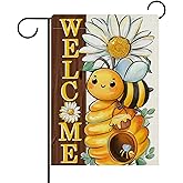 Dyrenson Welcome Spring Summer Bumble Bee Decorative Garden Flag, Daisy Flower Honeycomb Yard Outside Home Decorations, Farmhouse Honey Floral Burlap Outdoor Small Decor Double Sided 12 x 18