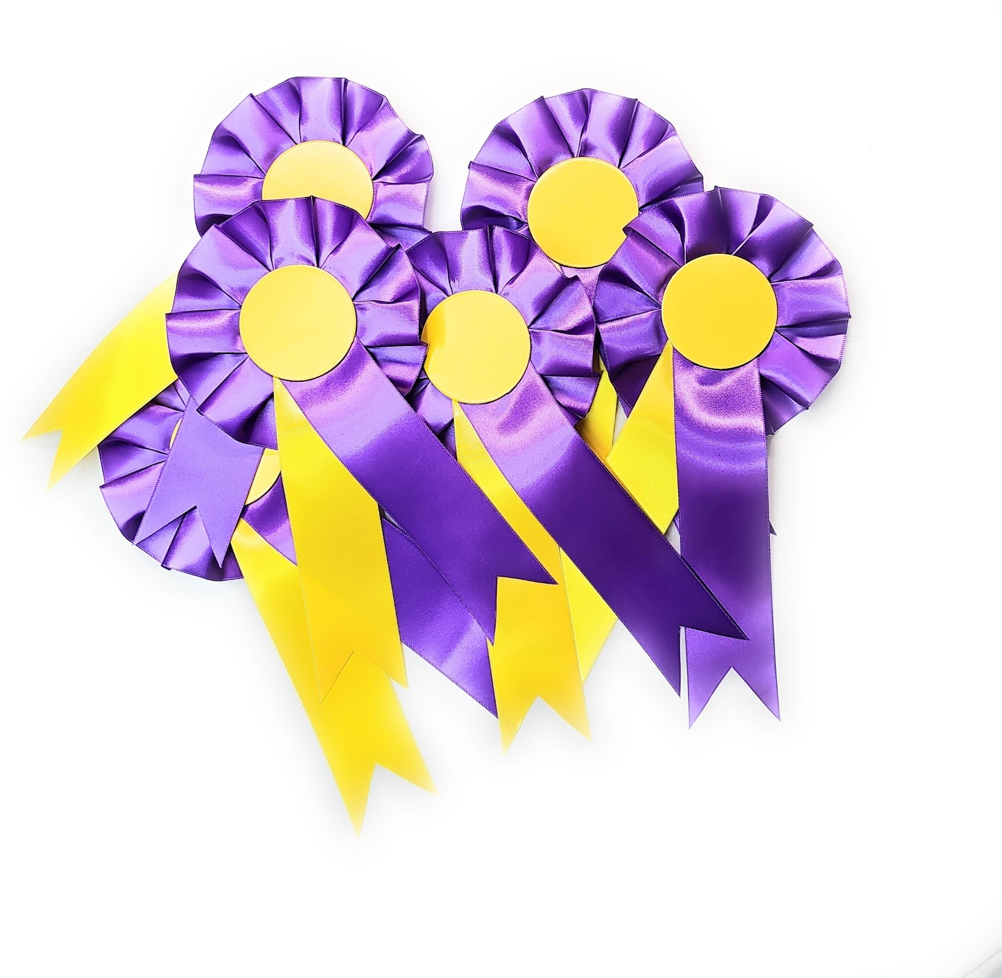 10 X 1 Tier Blank Rosettes In Satin Purple and Yellow Rosette Pins School Prizes Sports Celebration Sport Prizes School Competitions Funerals Birthdays Occasions School Awards Sporting Awards Pin