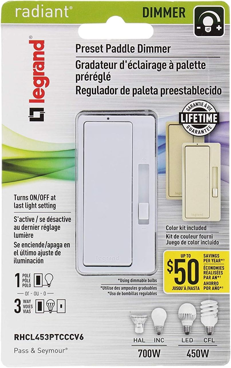 Legrand radiant Dimmer Light Switch, for Dimmable LED Lights, 450W LED and CFL Bulbs - 700W Incandescent & Halogen, Tri Color, RHCL453PTCCCV6 - - 