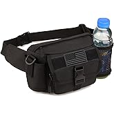Tactical Fanny Pack with Mesh Water Bottle Holder Pouch Military Running Waist Bag Sling Hip Belt MOLLE Army Lumbar Gear Pocket (1 Patch Included), Black