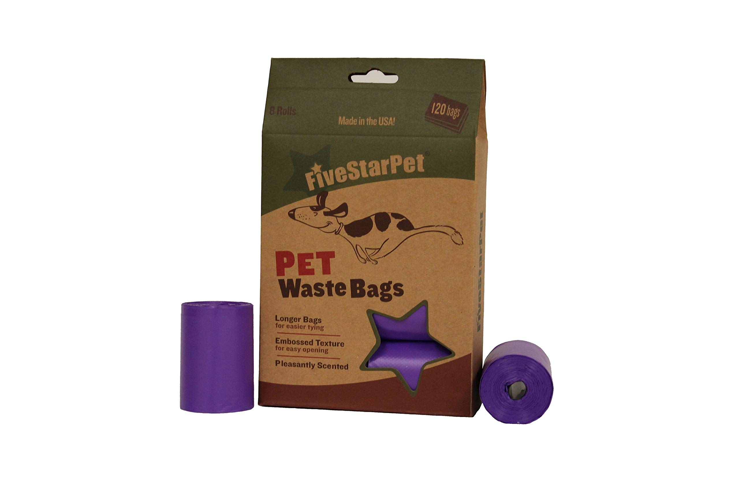 Five Star Pet 120 Count, 9" x 14.25" Poop Bags Dog Waste Bags, Made in USA, 8 Refill Rolls, Purple