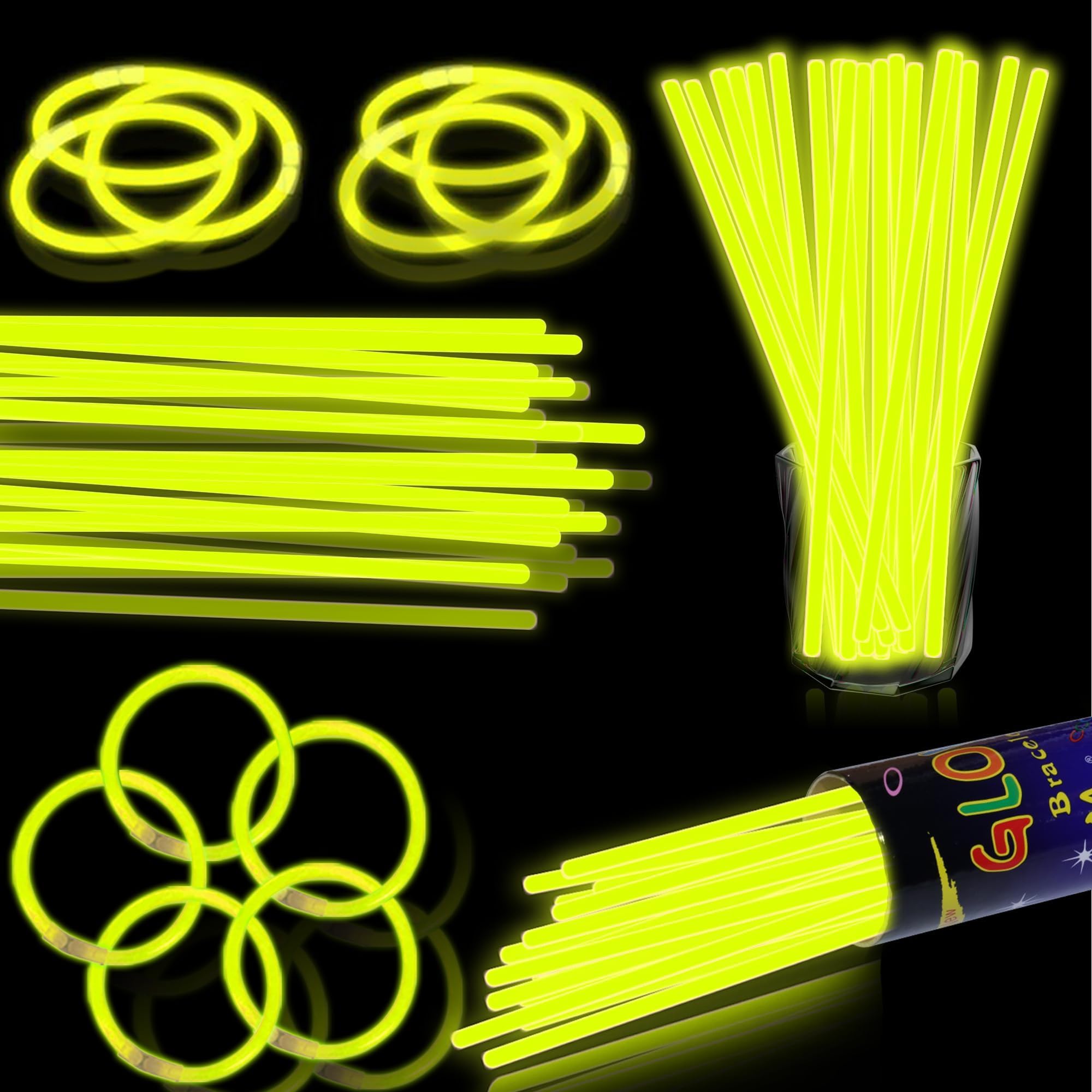 Photo 1 of 100 pk 8" Yellow Glow Sticks Bulk Party Favors, Light up Glow Necklaces & Bracelets in the Dark Party Supplies For Christmas Halloween Birthday Neon Party (100 * Yellow)
