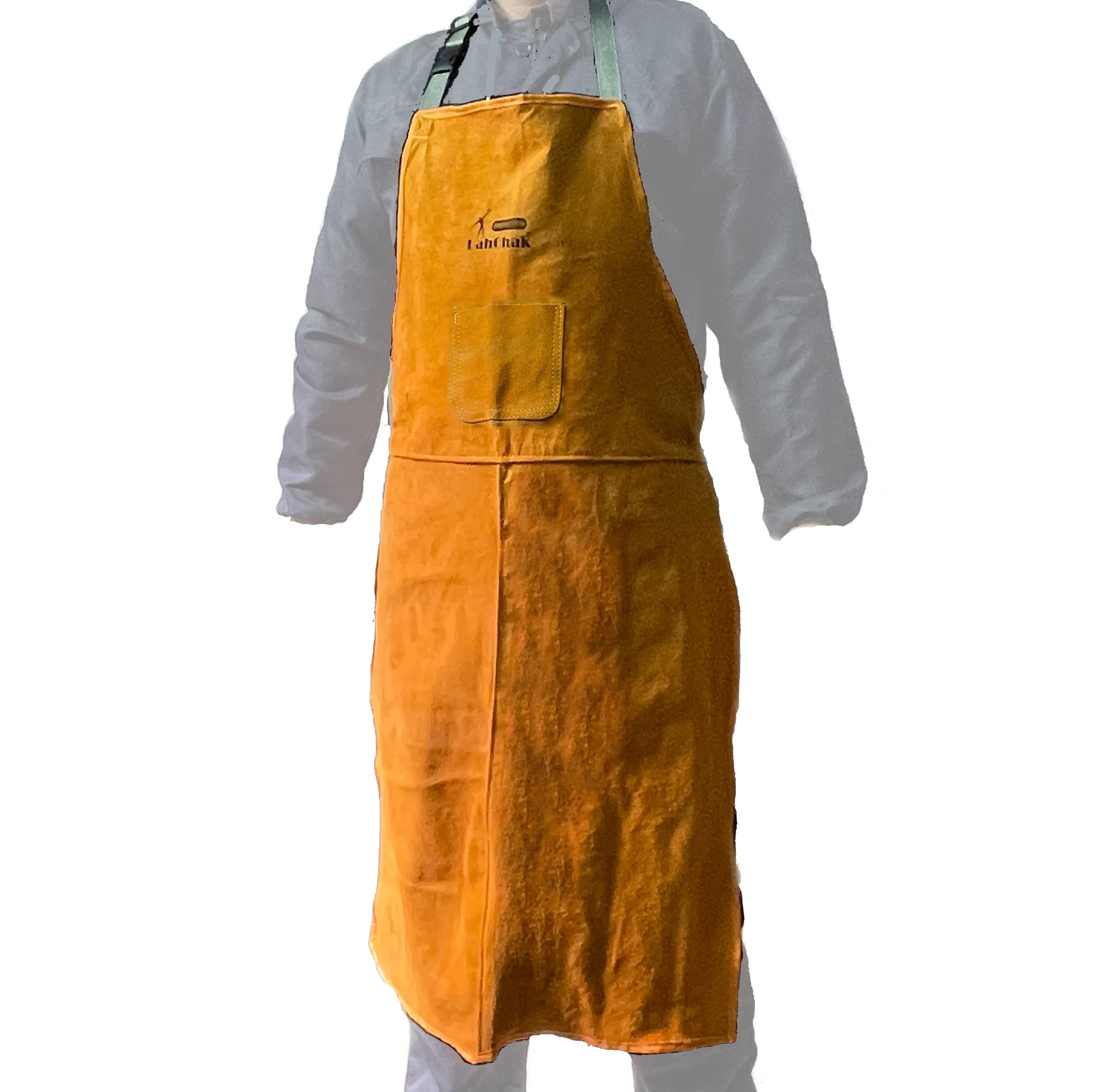LahChak Leather Work Shop Apron, Buckle straps, Heat & Flame Resistant Heavy Duty Welding Apron, Yellow, Adult