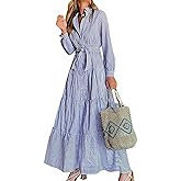 utcoco Womens Casual Long Sleeve Button Down Tie Waist Ruffled Striped Maxi Shirt Dress