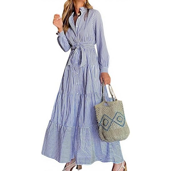blue and white maxi shirt dress Saylor Stripe Maxi Dress-Blue