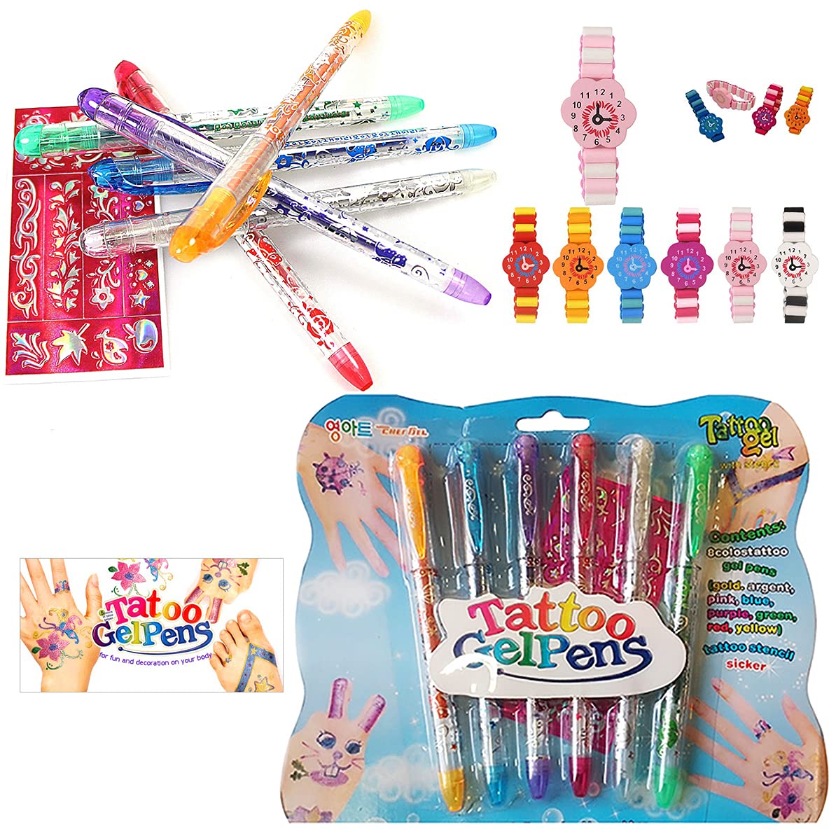 6 TEMPORARY TATTOO Gel Pens & BRACELET Watch -Semi Pemanent, Body Glitter, Skin Tattoo with Patterened STICKER STENCILS (2 Pack of 6)