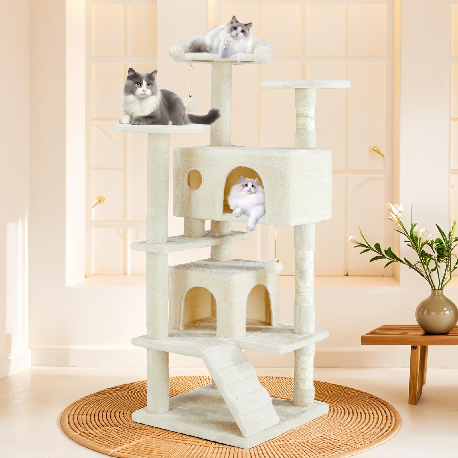 Sweetcrispy 54 Inch Cat Tree Tower, Multi-Level Tower with Cat Scratching Post, Indoor Cat Condo with Climbing Ladder, Plush Toy, Play House for Cat, Beige Image
