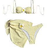 SHENHE Women's 3 Piece Swimsuits 3D Flower Bandeau Bikini Set with Sarong Coverups Wrap Skirt