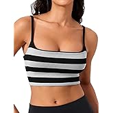 Aoysky Womens Striped Square Neck Sports Bras Spaghetti Straps Ribbed Padded Low Impact Yoga Workout Camisole