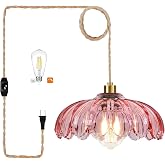 QIYIZM Pink Plug in Pendant Light Hanging Lights with Plug in Cord Boho Hanging Lamp Glass Gold Mid Century Modern Vintage Dimmable Flower Plug in Chandelier Ceiling Fixture for Living Room,Kitchen