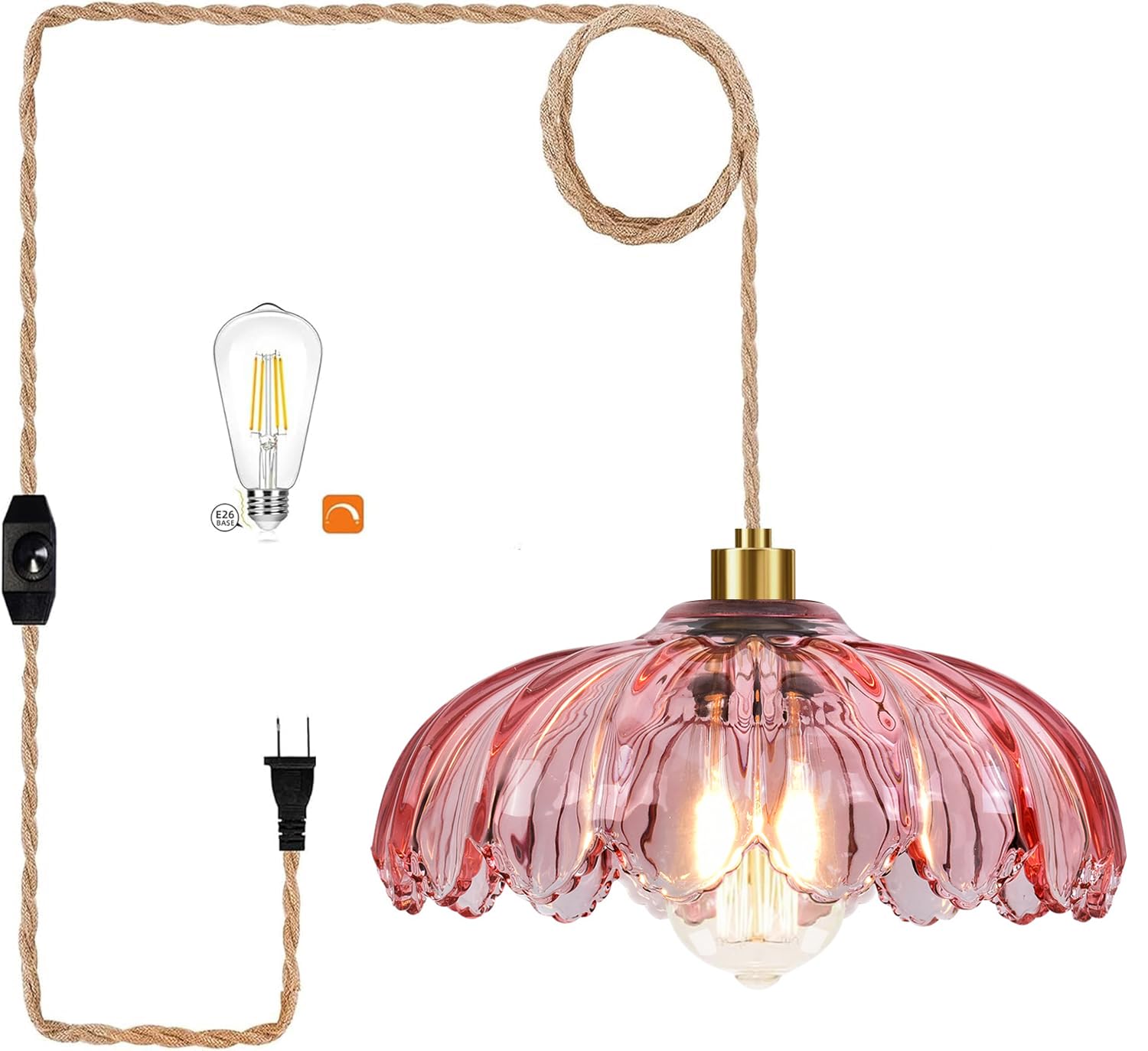 QIYIZM Pink Plug in Pendant Light Glass Hanging Lights with Plug in Cord Boho Hanging Lamp Gold Mid Century Modern Vintage Dimmable Flower Plug in Chandelier Ceiling Fixture for Living Room,Bedroom Image