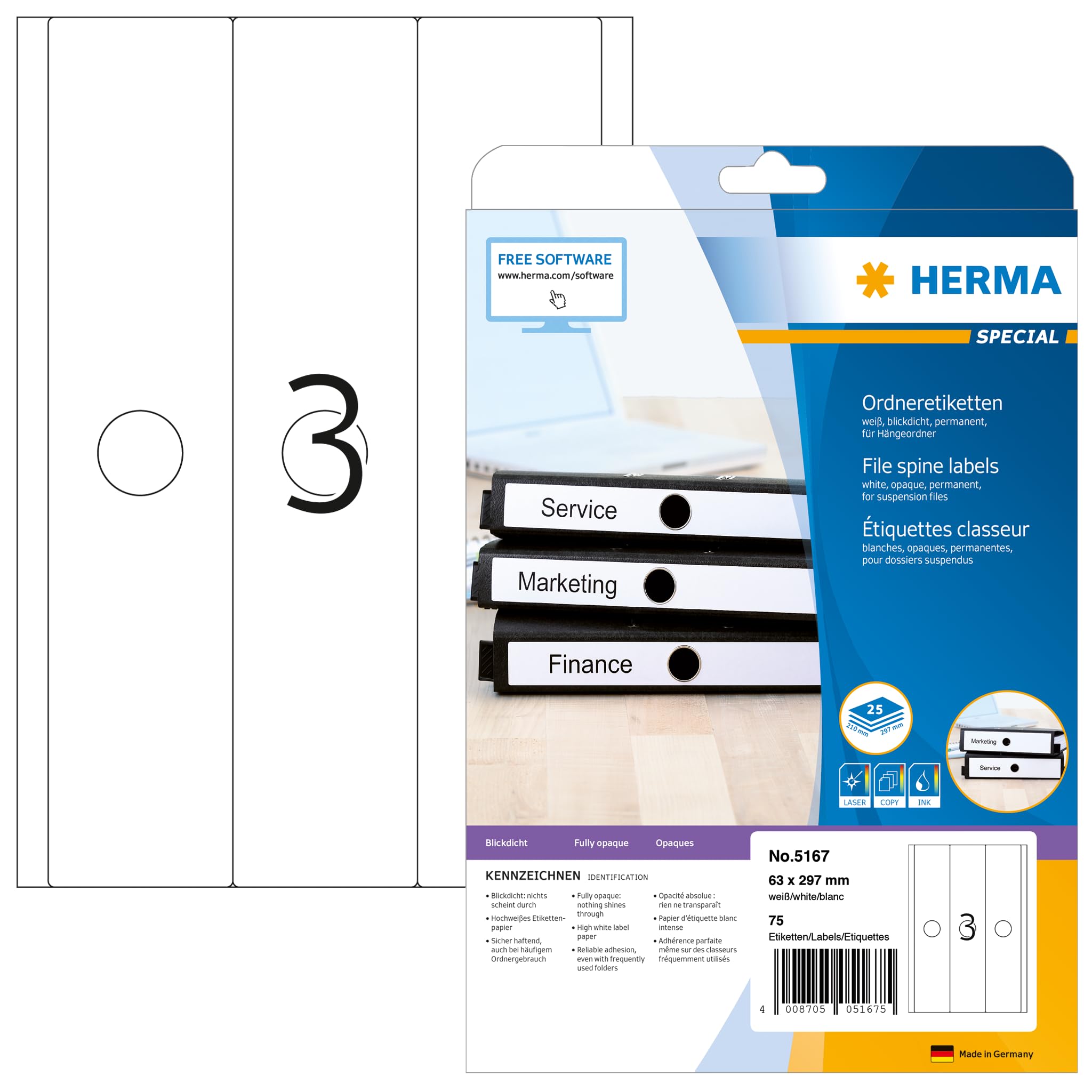 HERMA Self Adhesive Spine Labels, 3 Labels per A4 Sheet, 25 Sheets, 63 x 297 mm, 75 Labels, Blank Suspension Lever Arch File Folder Stickers, Sticky Labels for Laser & Inkjet Printer, White