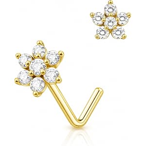 EQFE Nose Rings Studs for Women 14K Gold Hypoallergenic Surgical Steel L Shaped Nose Rings 20G Butterfly Flower CZ Cute Nose