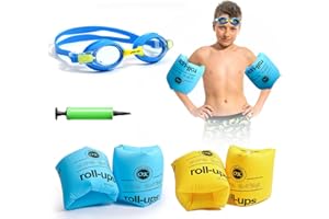 AOEOUN Arm Floaties for Kids,Swim Trainer Floaties and Kid's Swimming Goggles with Anti-Fog and Anti-UV(4 Pack),PVC Arm Floaties Inflatable Swim Arm Bands Floater Sleeves Children's Swimming Ring