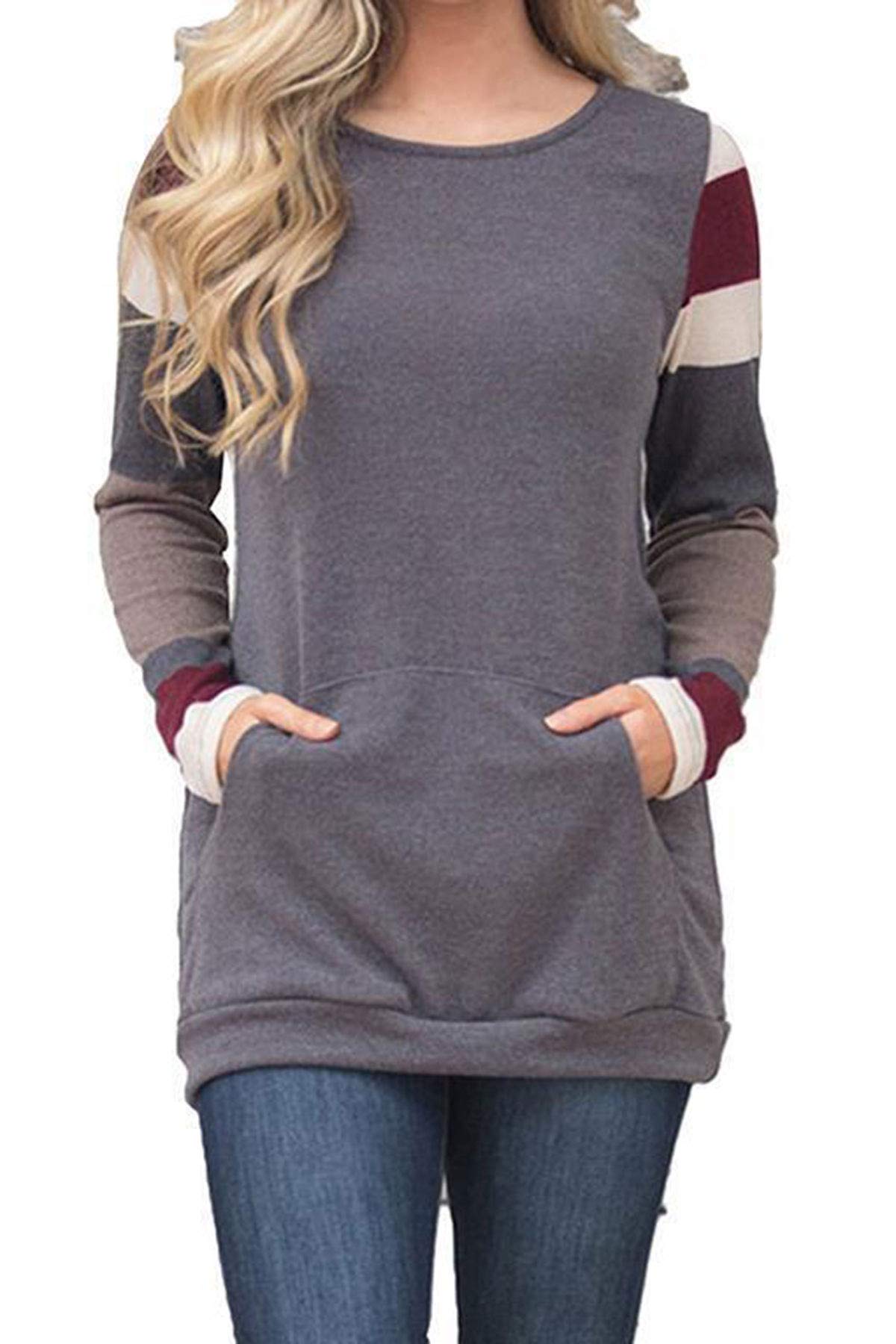 IMIDO Womens U Neck Tops Striped Color Block T-Shirts Casual Pullover Lightweight Long Sleeve Tunic Blouses (S, B-Gray)