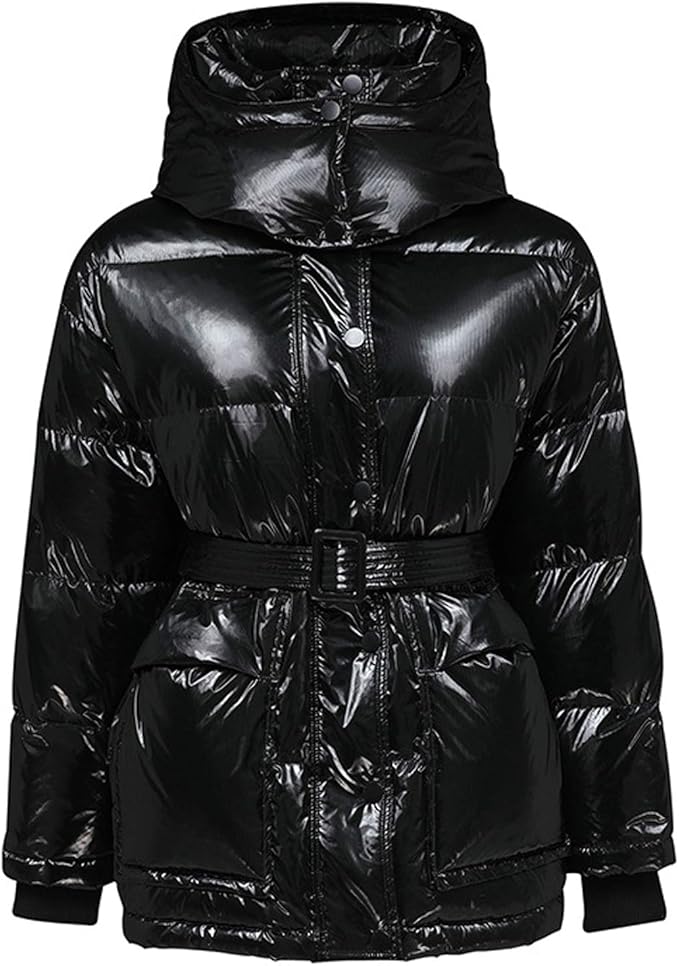 Women's Thickened Down Jacket, Ladies White Duck Keep Warm Short Winter Coat Glossy Hooded