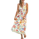 CUPSHE Women's Plunging V Neck Sleeveless Tropical Floral Maxi Dress | Botanical Hawaiian, Smocked Back Waistband, Flowy A Li