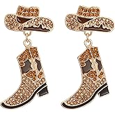 Rhinestone Western Boots Dangle Drop Earrings for Women, Boho Cowgirl Cowboy Enamel Hat Boot Earrings Country Concert Party Outfits Jewelry Gift