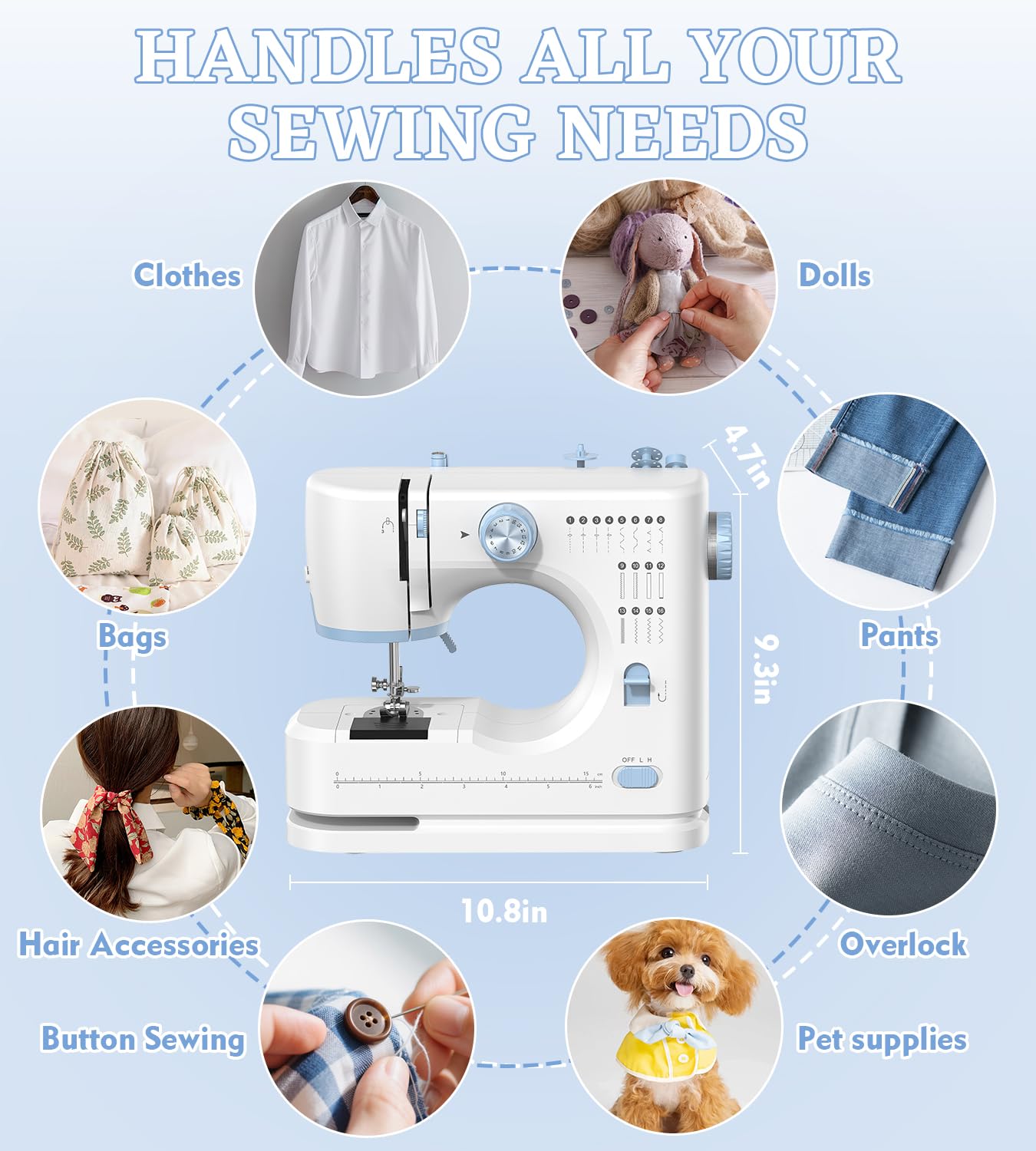 Sewing Machine for Beginners with 16 Built-in Stitches, Small Sewing Machine with Accessory Kit, 2-Speed, Foot Pedal & Storage Drawer, Portable Full-Feature Design for Home DIY (Blue)