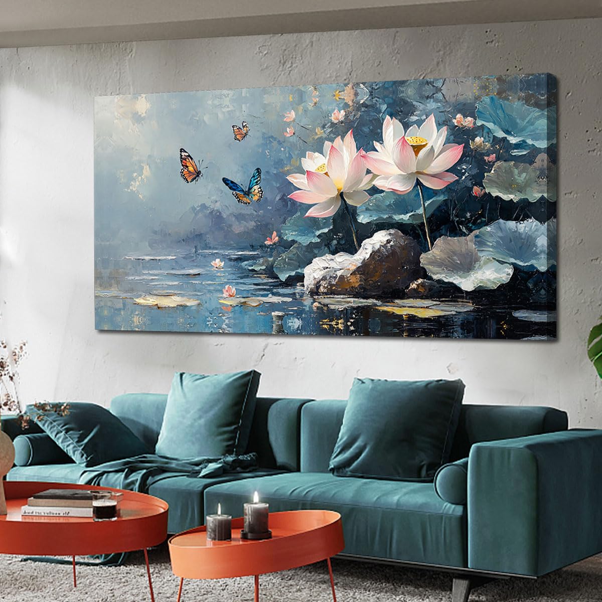 ardemy lotus flower wall art for living room butterfly canvas art wall decor, floral painting textur