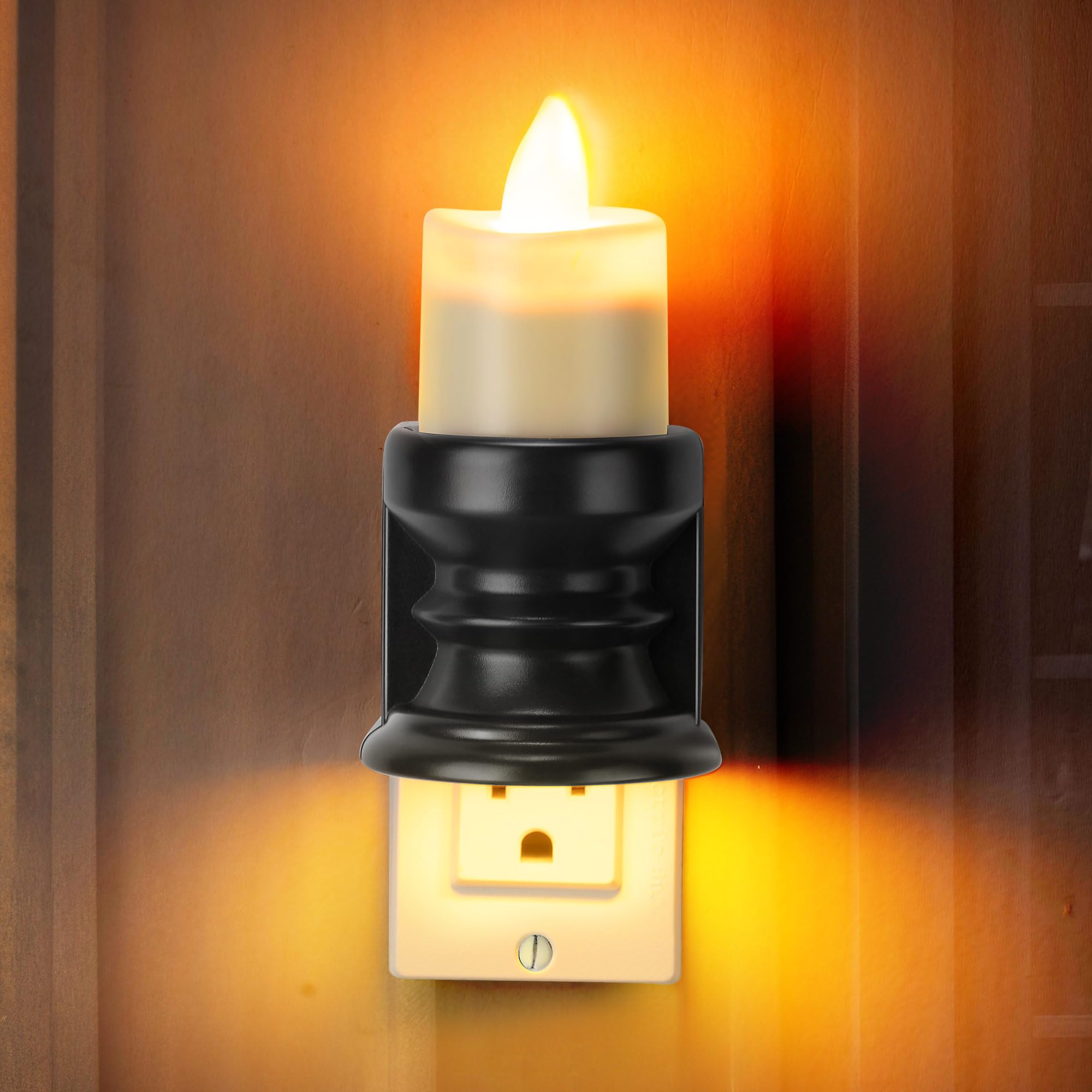 Photo 1 of Meonum Flickering Flameless Candle Night Light Plug in, Dimmable LED Nightlight with Dusk to Dawn Sensor, Decorative Candle Light for Bedroom, Hallway, Bathroom(Warm Yellow & Black Base)