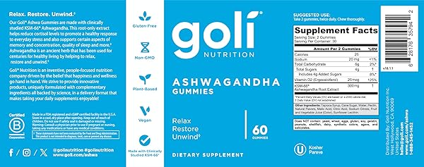 GOLI ASHWAGANDHA & VITAMIN D GUMMY – 60 COUNT – MIXED BERRY, KSM-66, VEGAN, PLANT BASED, NON-GMO, GLUTEN-FREE & GELATIN FREE RELAX. RESTORE. UNWIND, PACK OF 1