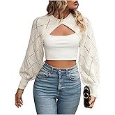 OYOANGLE Women's Knit Super Crop Sweater Lantern Long Sleeve Lightweight Pullover Tops