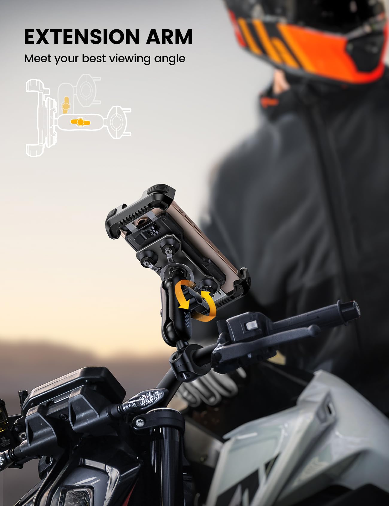 Motorcycle Phone Mount Holder - [Metal Extension Arm] [Dual Vibration Dampener] Motorcycle Cell Phone Mount, Bike Phone Handlebar Clamp for iPhone 16 15 14 13 Pro Max Plus, 4.7-6.7