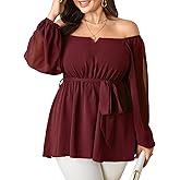 SCOMCHIC Womens Plus Size Peplum Tops Long Sleeve Square Neck Blouse Ruffle Hem Tie Waist Babydoll Top
