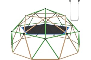 Gardenature 13FT Climbing Dome with Hammock and Swing, Outdoor Jungle Gym for Kids, Geometric Dome Climber Supporting 880 Lbs Anti-Rust Metal Outdoor Play Structure ASTM Approved Brown & Green