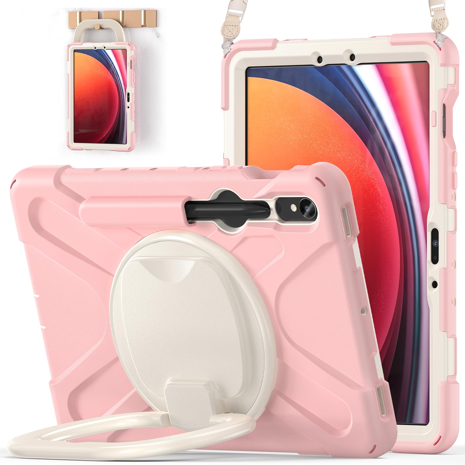 Photo 1 of BATYUE Case for Samsung Galaxy Tab S10 lite/S10 FE/S9 FE/S9/S8/S7 5G 10.9"/11 inch, Heavy Duty Shockproof Protective Tablet Case with S Pen Holder, 360° Rotating Stand, Shoulder Strap, Cheery Pink