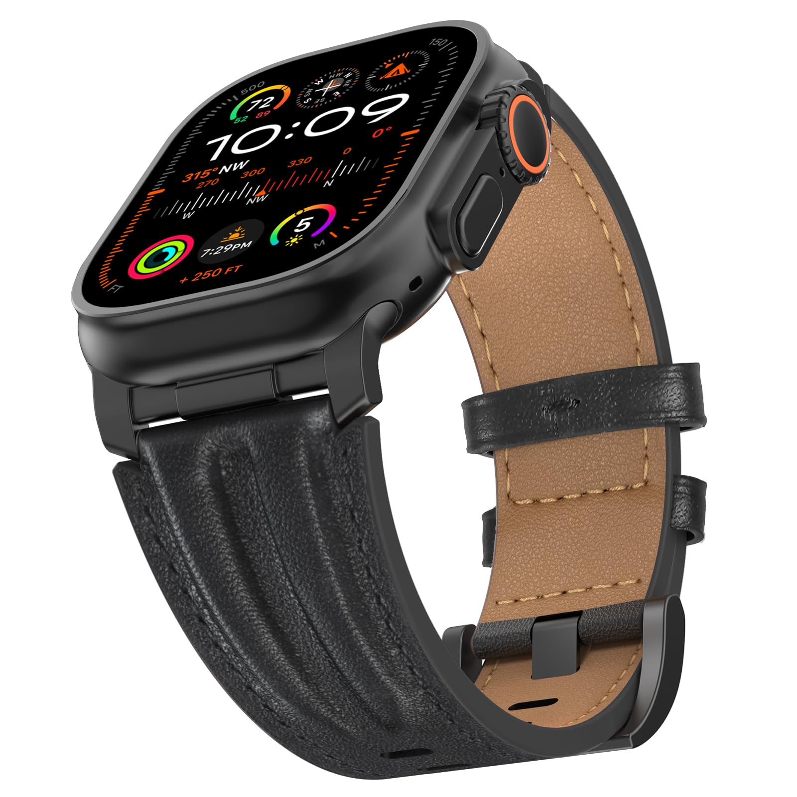 Bouixel Top Grain Genuine Leather Strap Compatible with Apple Watch Ultra 3 Straps 49mm 46mm 45mm 44mm 42mm, Rugged Metal Connector Band for Women Men iWatch Ultra 2/1 Series 11 10 9 8 7 6 5 4 3 SE