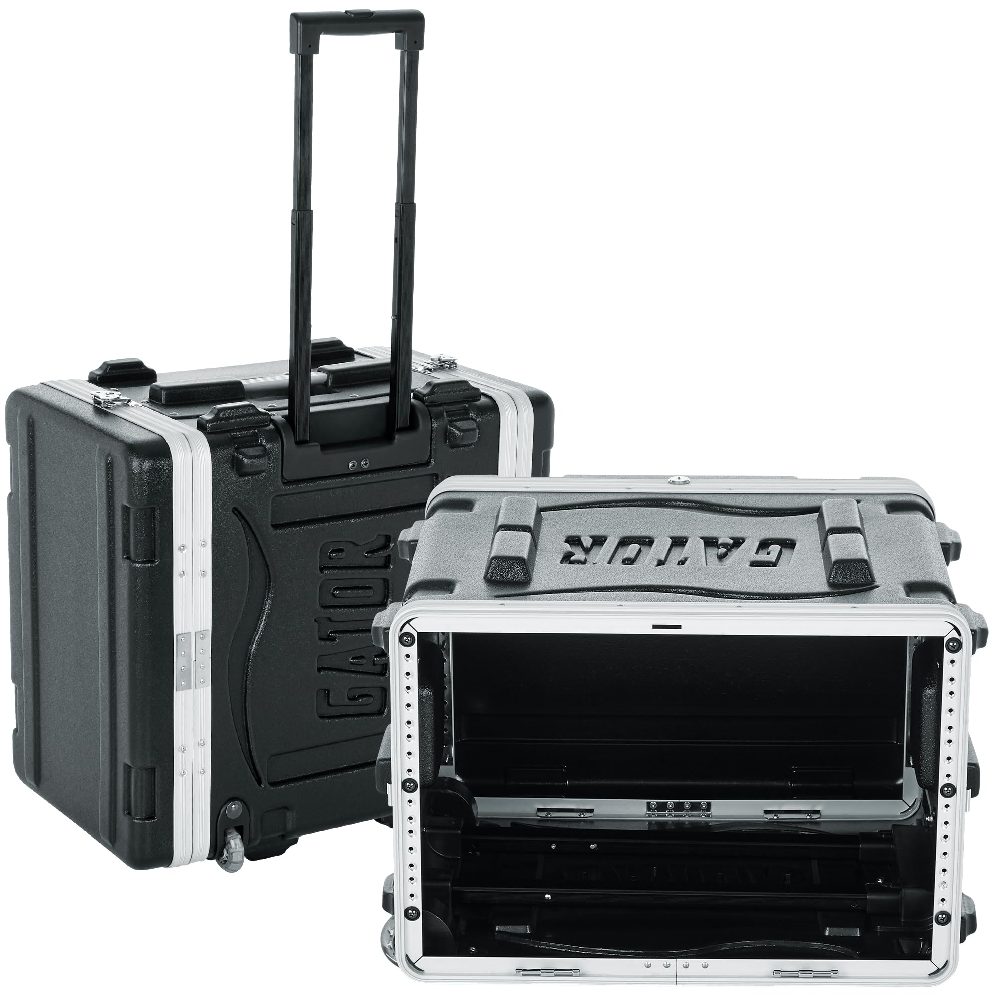Gator Molded PE 6U 19.25 inch Rack Case with Front / Rear Rails / Pull Handle / Recessed Wheels and Locking