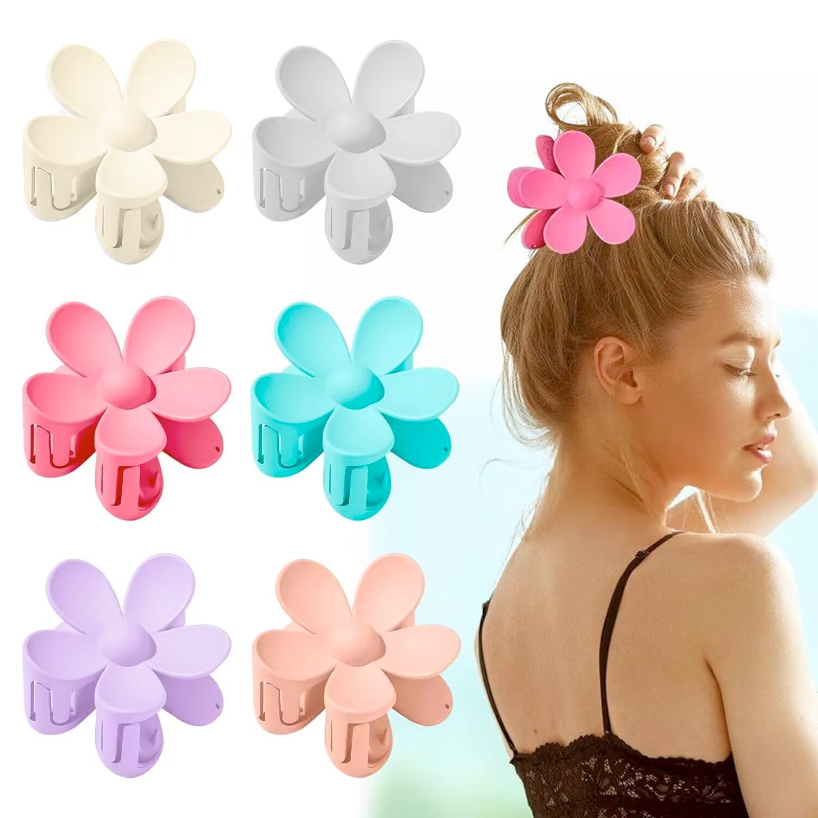 Impoditiongs Pack of 6 Matte Flower Hair Clips, Non-Slip, Plastic, Women Girls, Non-Slip Hair Claw, Petal, Large Claw Clips, Thick/Thin Hair, 6 Colours