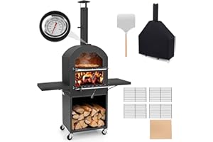 CLEEMAN Pizza Oven Outdoor, Wood Fire Pizza Oven w/ 12” Pizza Stone, Pizza Peel & 2 Side Tables, Pellet Pizza Cooker with Wheels & Waterproof Cover, Portable Pizza Maker Stove for BBQ Backyard Party