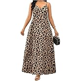 Milumia Women's Leopard Print Sleeveless Dress Cheetah V Neck Spaghetti Strap Long Maxi Dresses