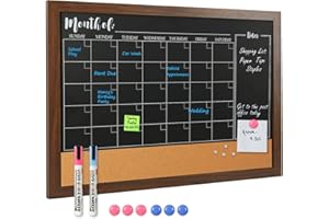 4 THOUGHT Chalkboard Calendar Corkboard Combo, 18" x 24" Bulletin Board Magnetic Calendar Chalkboard for Wall Combination Board Monthly Planner Rustic Brown Frame 2 Markers 8 Magnets 10 Pushpins