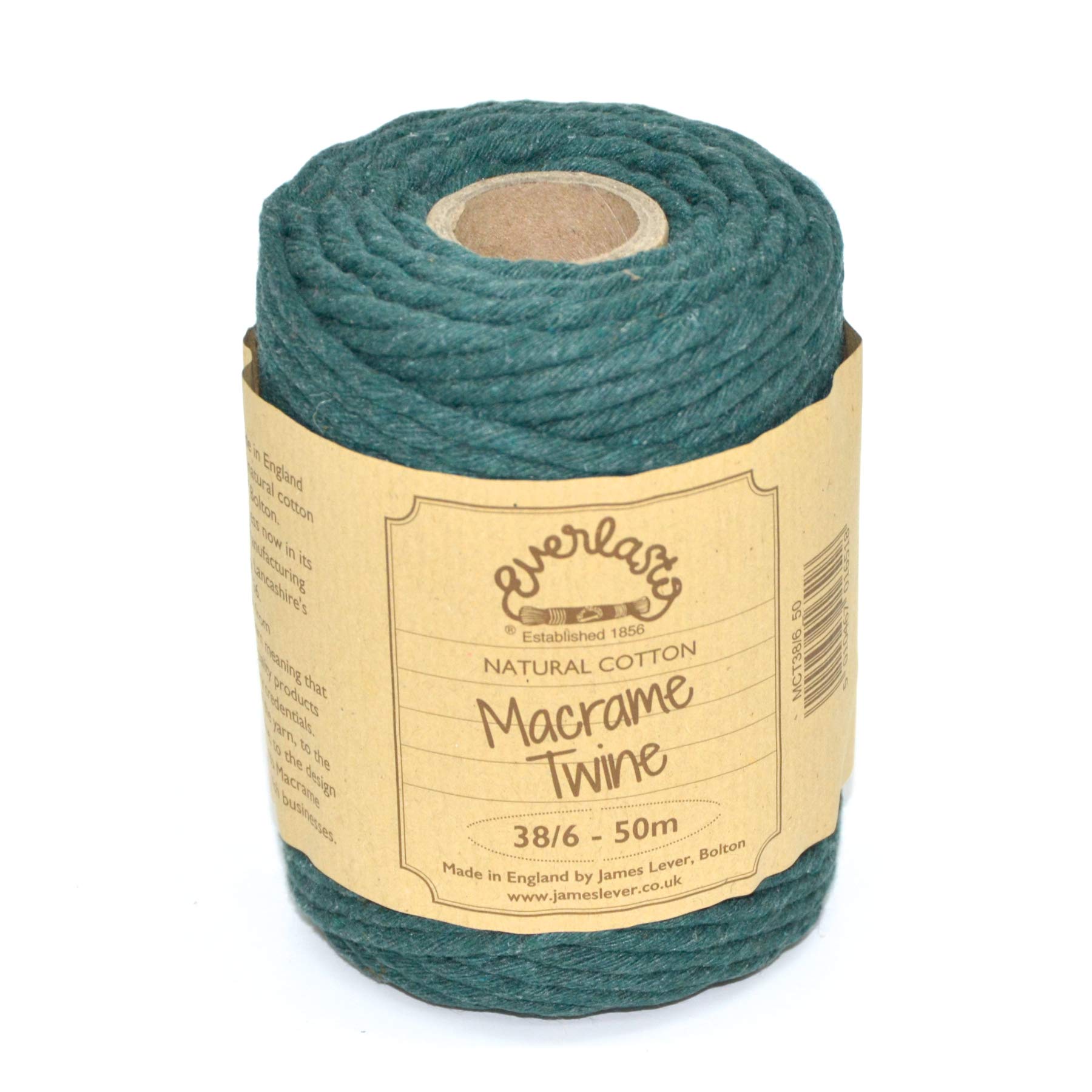 50M Spools - Everlasto Single Twist Soft Cotton Coloured Macrame Craft Twine 38/6 (4mm Approx) (Moss Green)