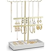 VLANDO 2 Tier Jewelry Stand Organizer with Tary, Leather Jewelry Holder Display for Women, Gold Jewlery Holder Stand for Necklace, Earring, Bracelet, Rings - White