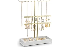Vlando 2 Tier Jewelry Stand Organizer with Tary, Leather Jewelry Holder Display for Women, Gold Jewlery Holder Stand for Necklace, Earring, Bracelet, Rings - White