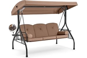 HOMREST 3 Seat Outdoor Porch Swing with Adjustable Canopy, Convertible Patio Swing Bed with Stand, Patio Glider Swing with Upgraded Cup Holder, Thicken Cushions ＆ Pillow for Backyard (Brown)