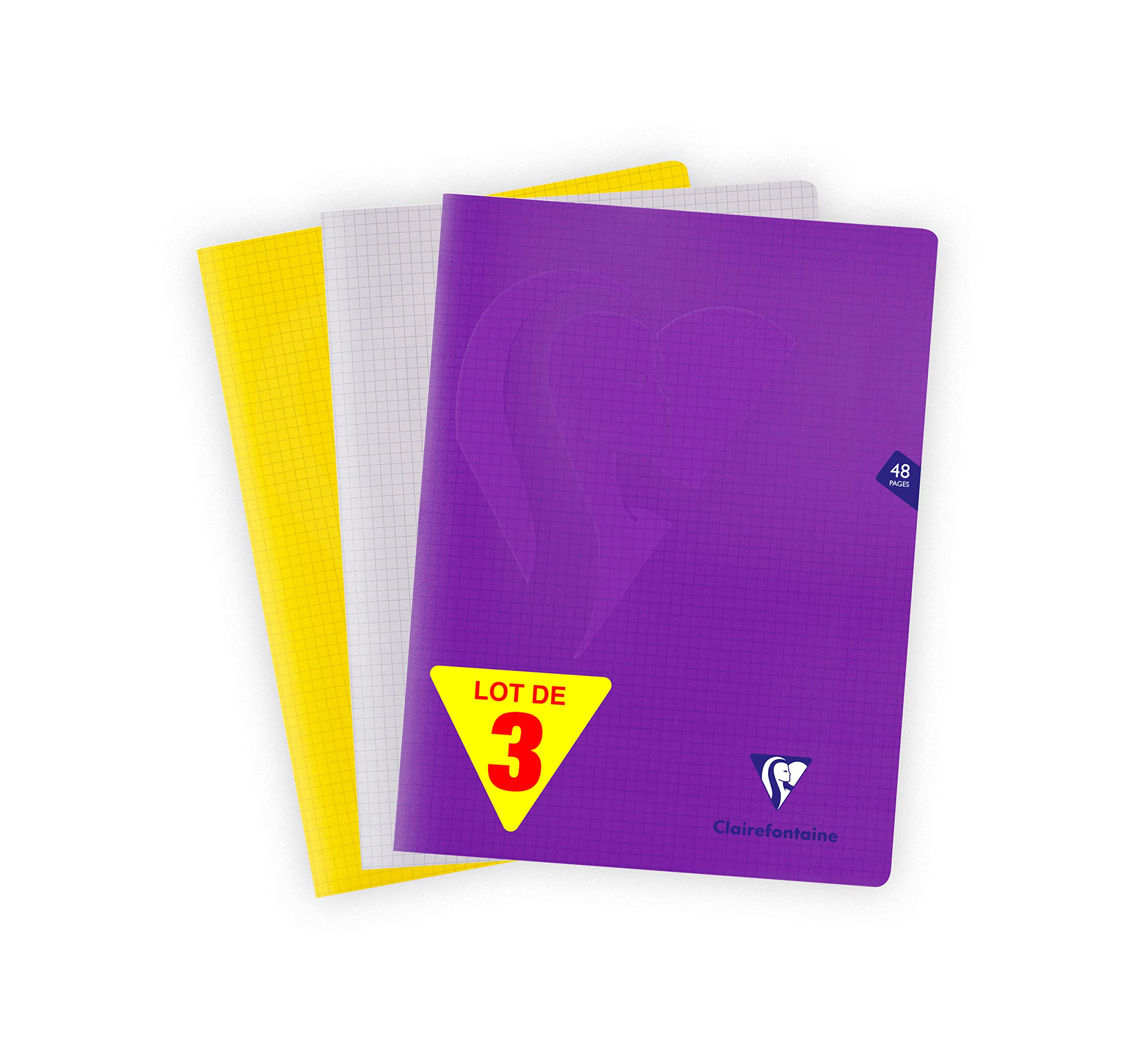 Clairefontaine 293312AMZ Set of 3 Mimesys Stapled Notebooks - 24x32 cm - 48 Small Square Pages - White Paper 90 g - Ast Covers (Colourless, Yellow + Purple)