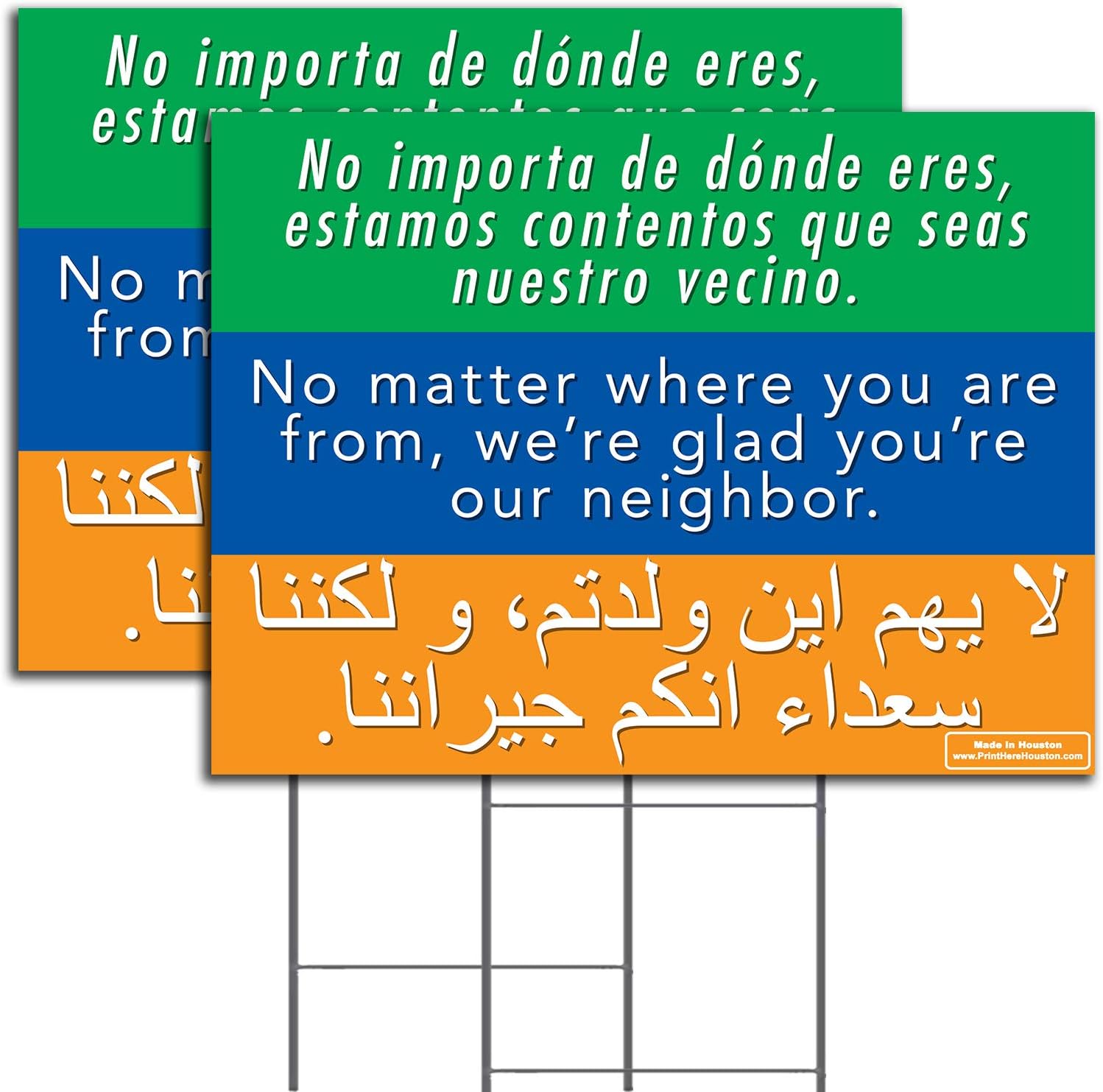 VIBE INK Large 24x18 No Matter, Where You Are From, We’re Glad You’re Our Neighbor Multilingual Corrugated Plastic - Double Sided - UV Inks, Double-Sided, Water Proof, Made in the USA - Metal Stake included! FREE BUMPER STICKER (2)