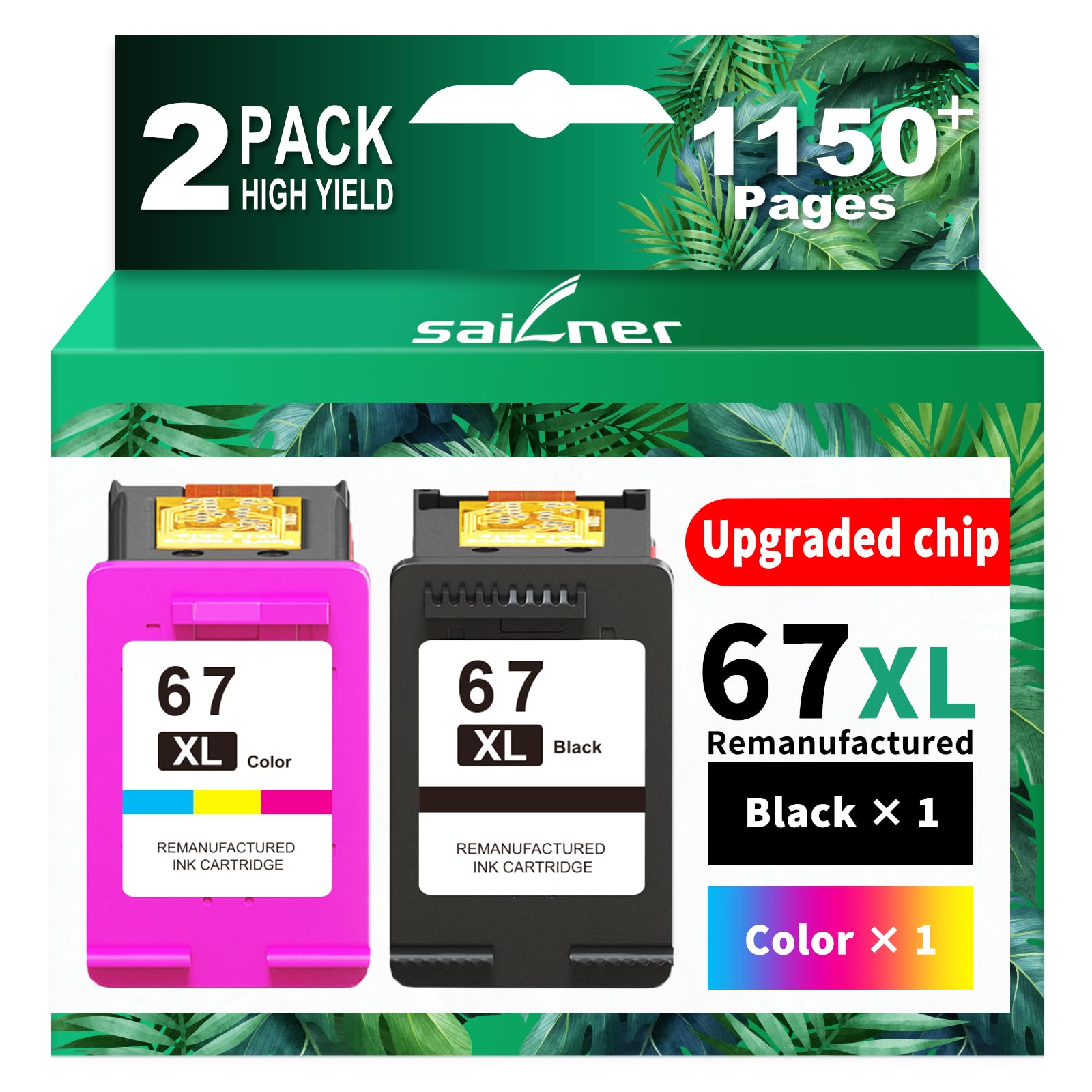 Photo 1 of SAILNER 67XL Ink Cartridges Black/Color Combo Pack Replacement for HP Ink 67 HP67XL (2-Pack High Yield) Compatible with HP DeskJet 2755e 2855e 2700e 4155e 2734e 2827e 4100e Envy 6055 6455e Printer
