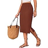 Naggoo Knitted Midi Skirts for Women Summer Elastic High Waisted Side Slit Long Skirt