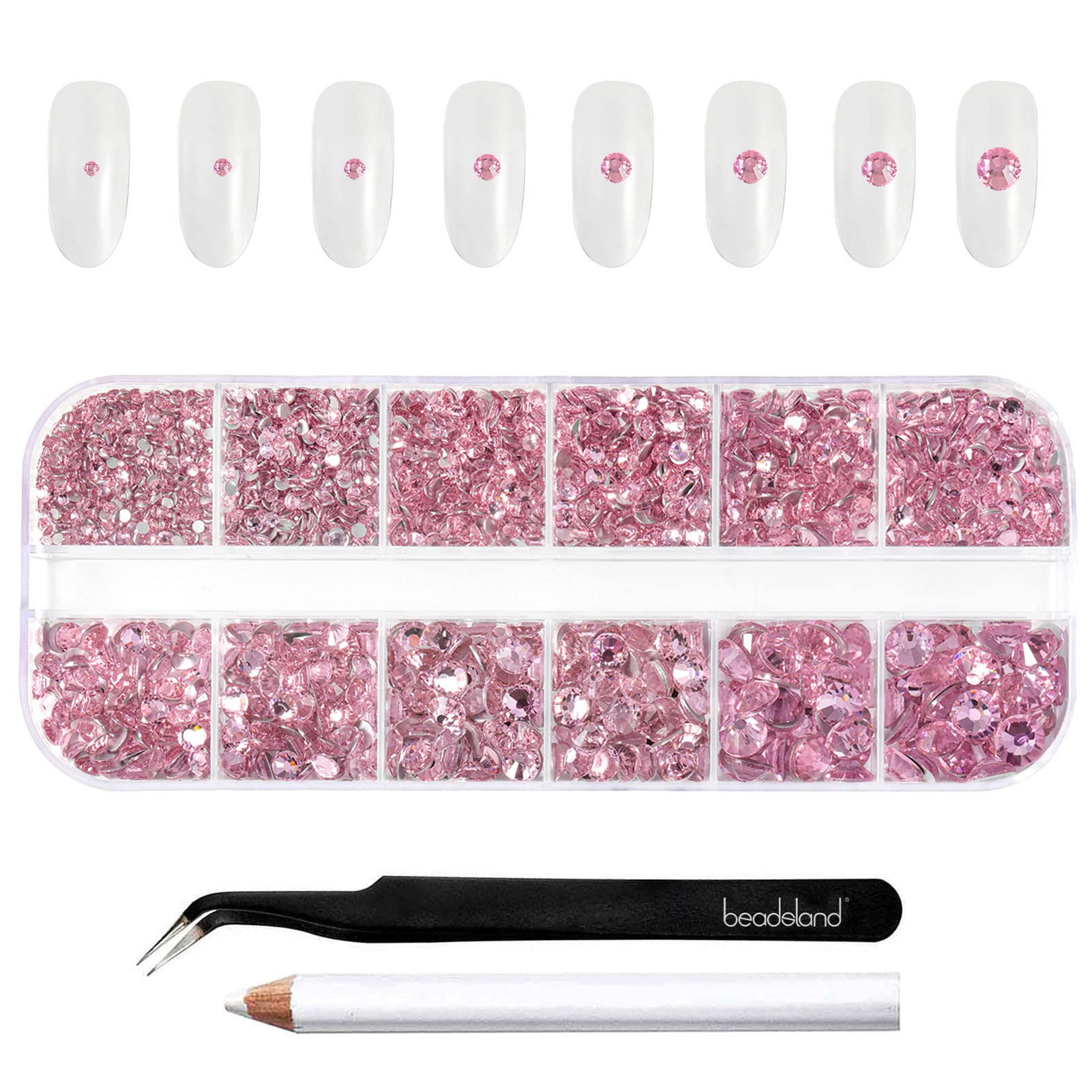 Beadsland Rhinestones for Makeup,8 Sizes 2500pcs Pink Flatback Rhinestones Face Gems for Nails Crafts with Tweezers and Wax Pencil,Light Pink,SS4-SS30