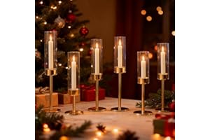 PHOSPHOR Gold Hurricane Candle Holder 6-Piece Tall Glass Candle Holder with Gold Metal Frame for Table Centerpieces, Weddings, Christmas, Parties, Home Decor