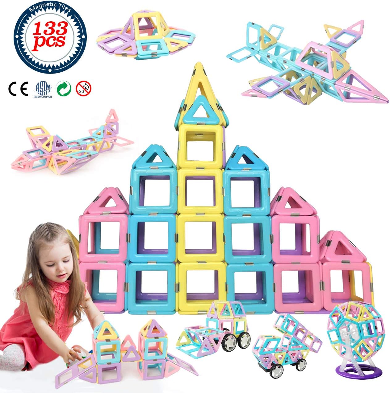 HLAOLA Magnetic Blocks 133PCS Upgrade Magnetic Building Blocks Magnetic Tiles Educational Toys Tiles Set for Kids Magnet Stacking Toys for Kids Children Age 3 4 5 6 7 Year Old (3D Macaron Colors): Toys & Games