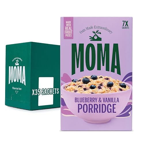 MOMA - Blueberry & Vanilla Porridge Sachets - 7 x 40g - Made with British Wholegrain Jumbo Oats • High in Fibre • Low in Saturated Fat • Ready in 2 Minutes • Contains Real Fruit Pieces • Vegan